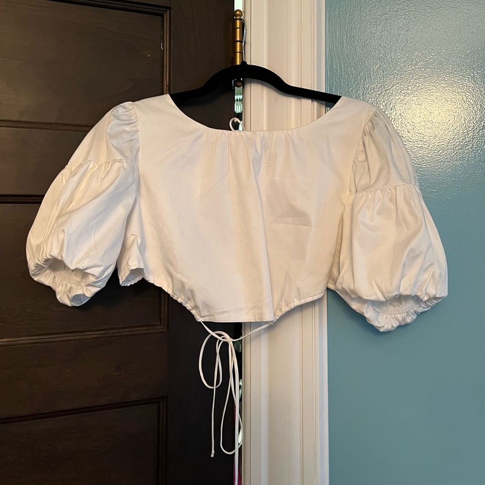 For love and lemons cropped open back top with puffy sleeves
